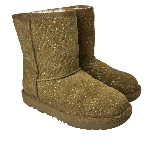 UGG Classic II Boots Chestnut Suede W/ Graphic Rainbow Stitch Logo Girls Size 2 - Picture 1 of 14